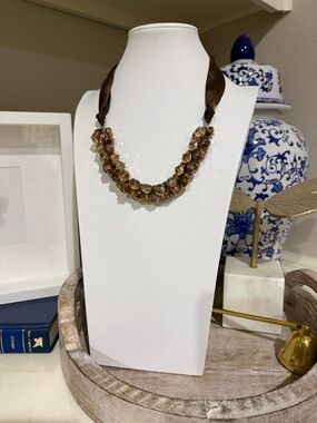 Ali-Khan New York Brown Ribbon Necklace with Brown Champagne Beads